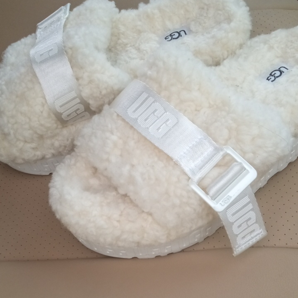 UGG White Fluffy Sandals with Adjustable Strap